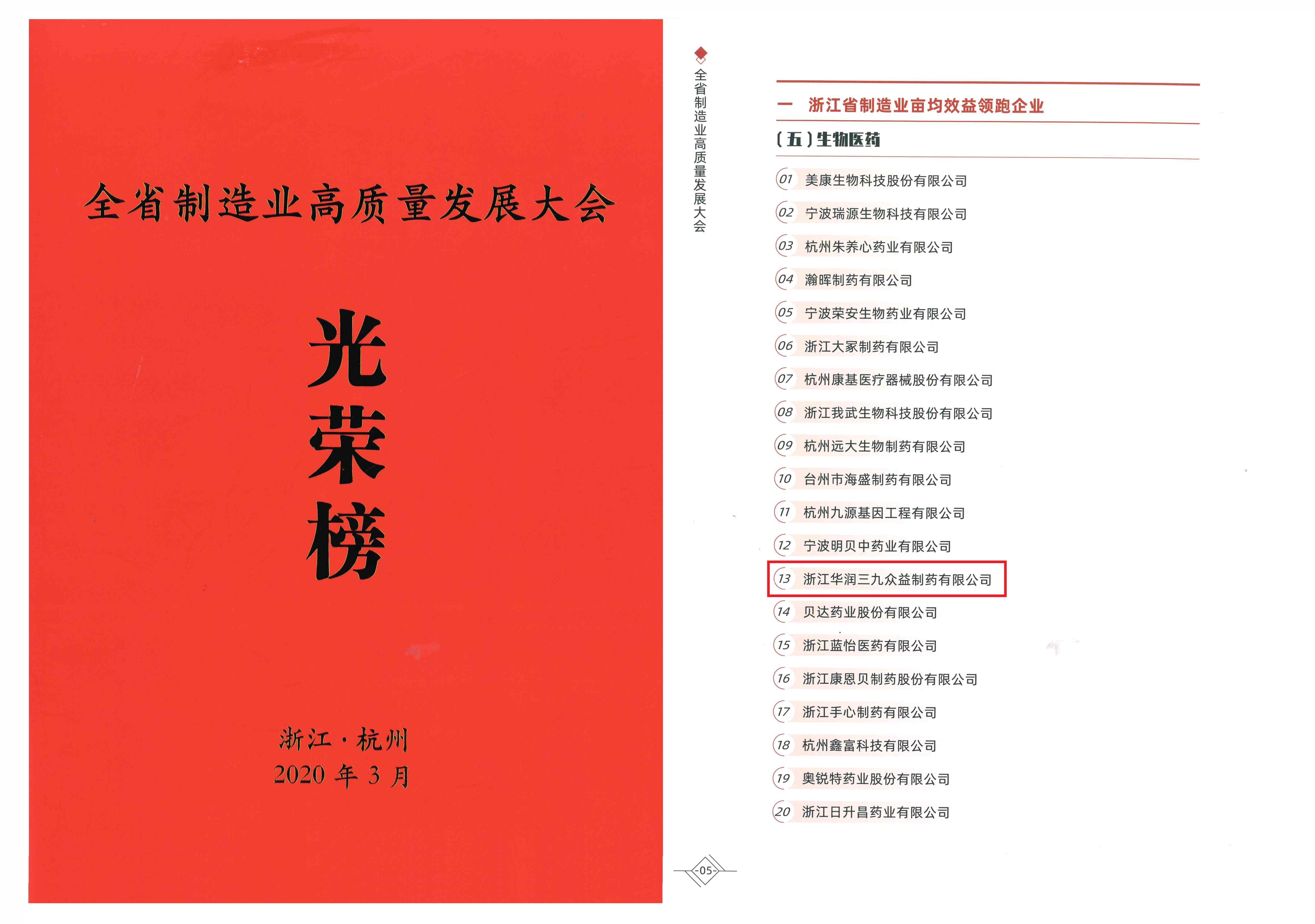 “浙江生物醫(yī)藥制造業(yè)畝均效益領(lǐng)跑企業(yè)”20強(qiáng)